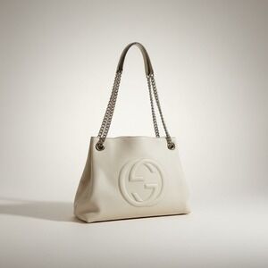 Gucci Soho GG Chain Tote Off White Pebbled Leather Shoulder Bag 536196 525040
